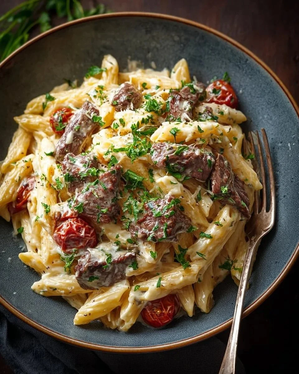 Plate of creamy beef and pasta garnished with herbs