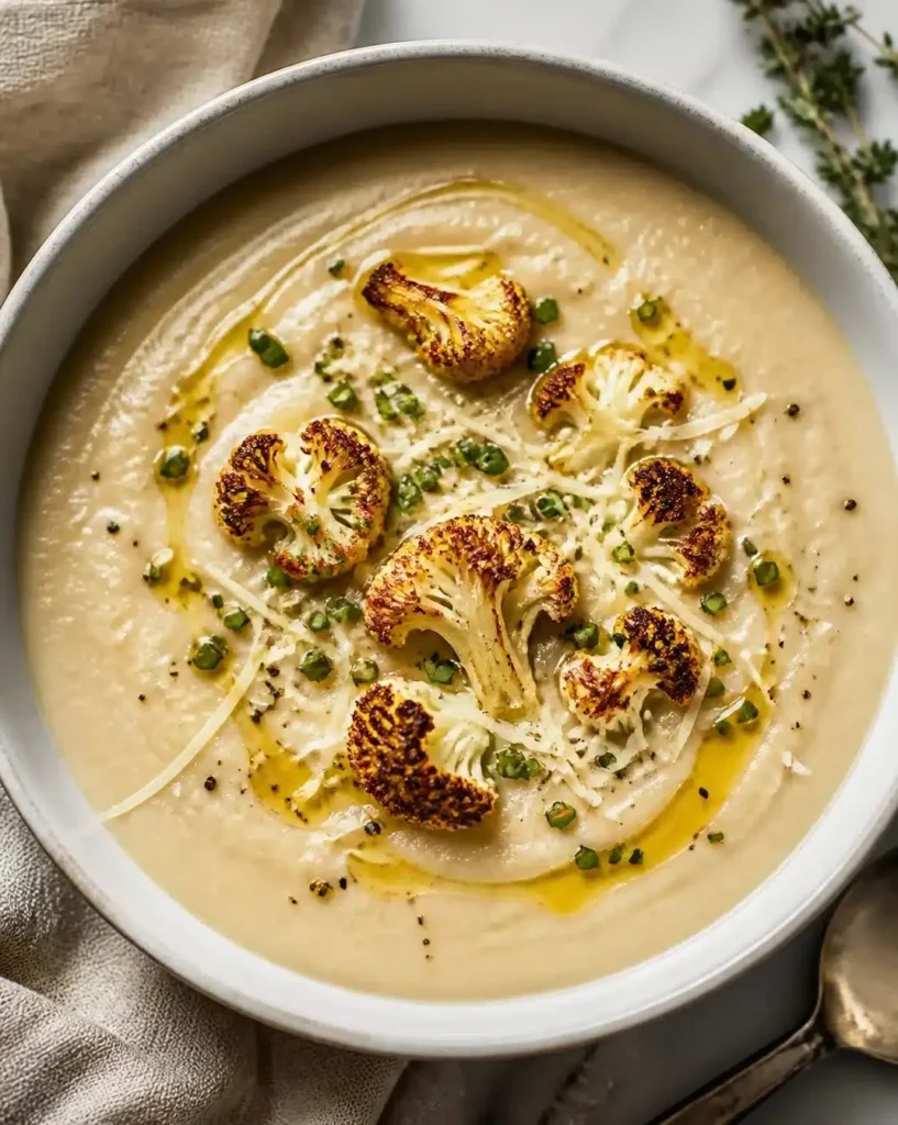 Bowl of creamy roasted cauliflower soup garnished with herbs and spices.
