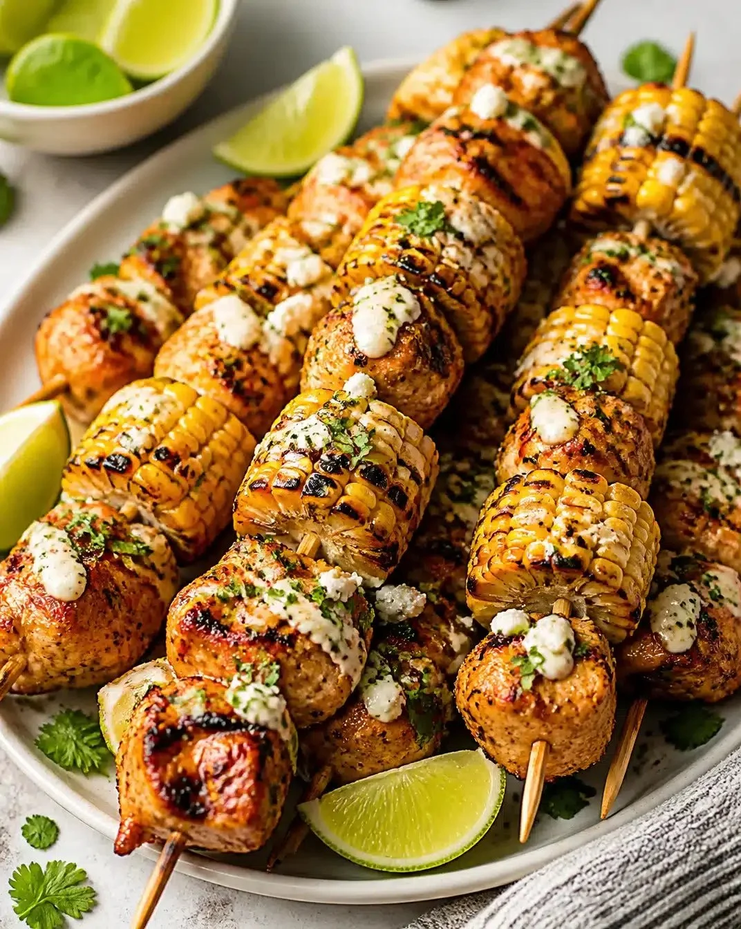 Creamy tangy sauce grilled chicken skewers served with charred corn.