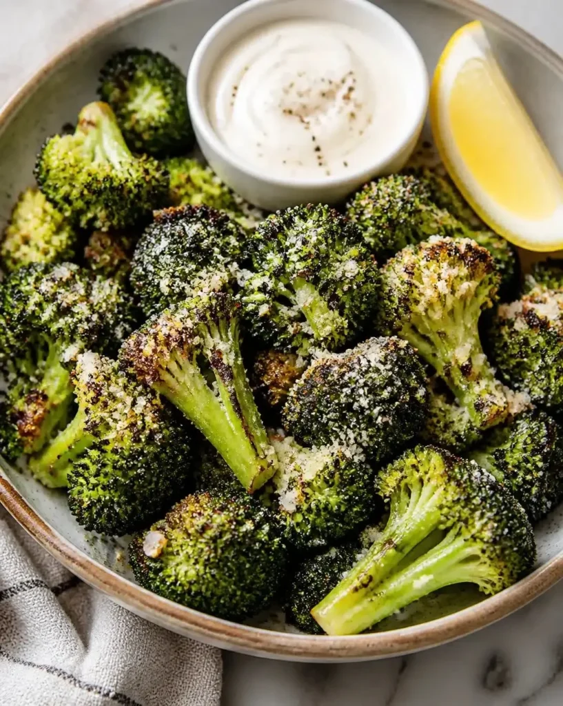 Crispy air fryer garlic parmesan broccoli served in a bowl