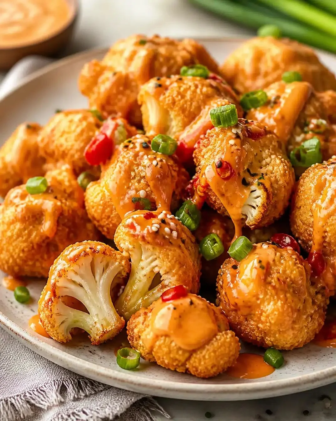Crispy Bang Bang Cauliflower 1 Crispy Bang Bang Cauliflower served on a plate with dipping sauce