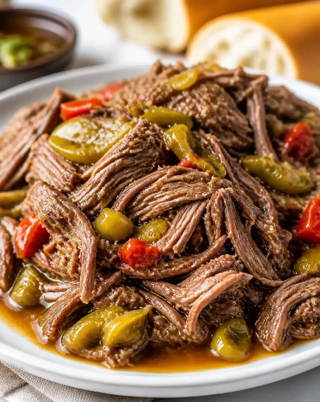 Delicious Slow Cooker Italian Beef 1 Slow cooker Italian beef served on a bun with peppers and spices