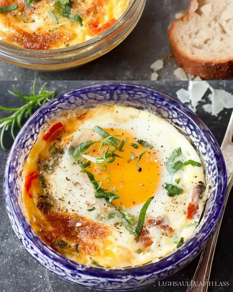 Delicious easy baked eggs served in a ramekin with cheese and herbs
