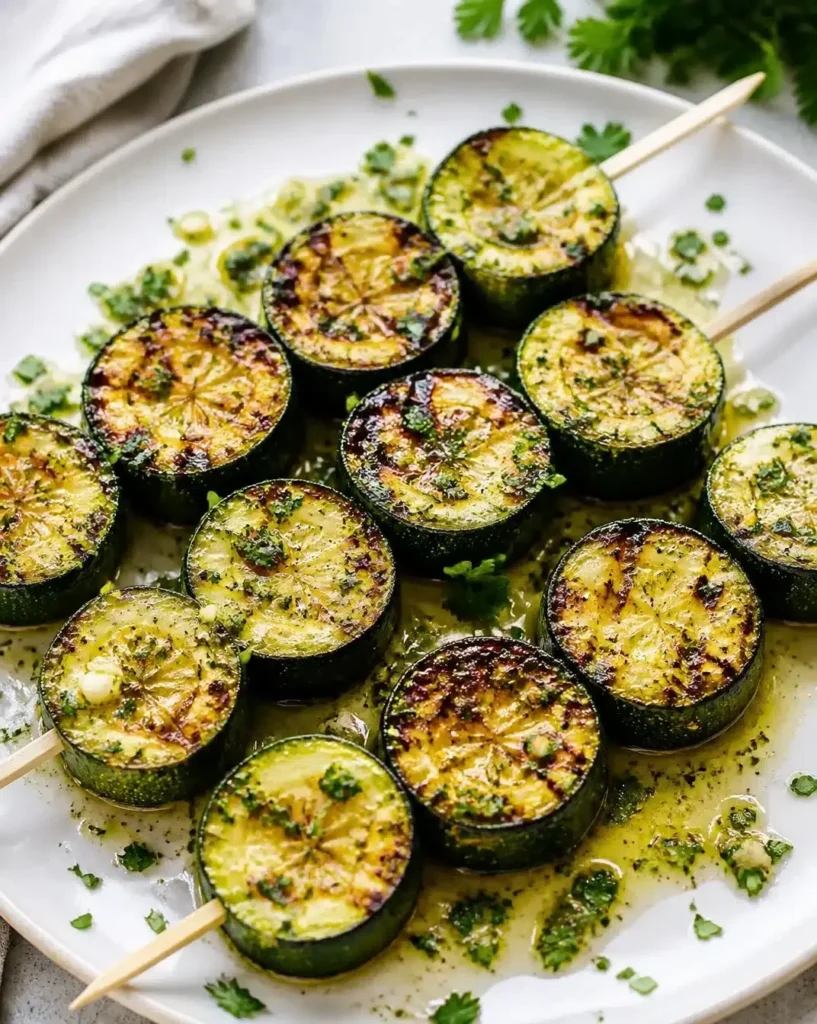 Delicious garlic butter grilled zucchini skewers on a barbecue grill