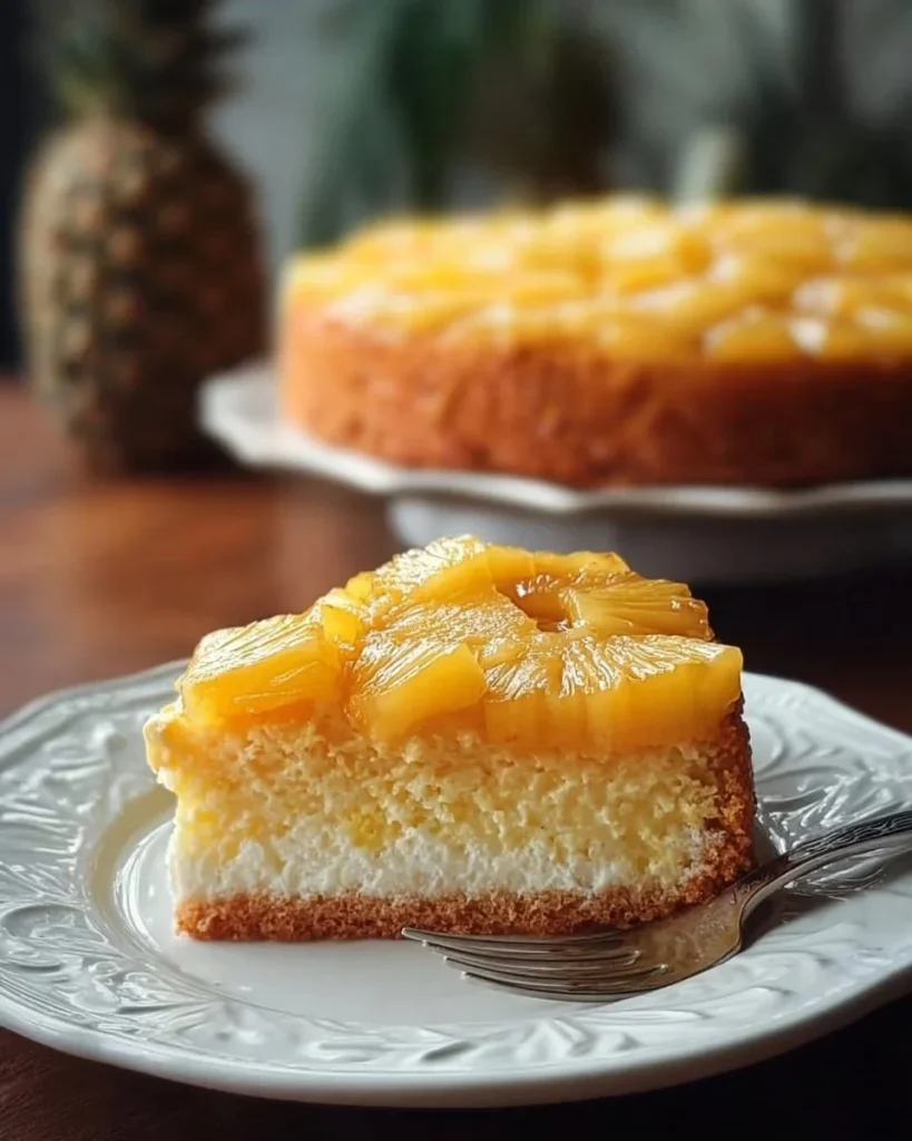 Delicious slice of Heavenly Pineapple Cake topped with fresh pineapple and cream.