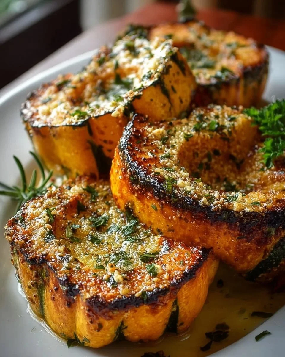 Herb-Parmesan roasted acorn squash on a plate, garnished with herbs.