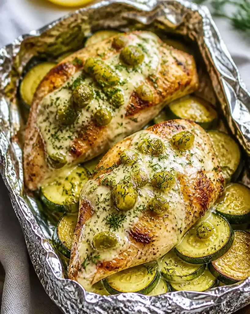 Herb-roasted chicken and zucchini foil pack ready for grilling