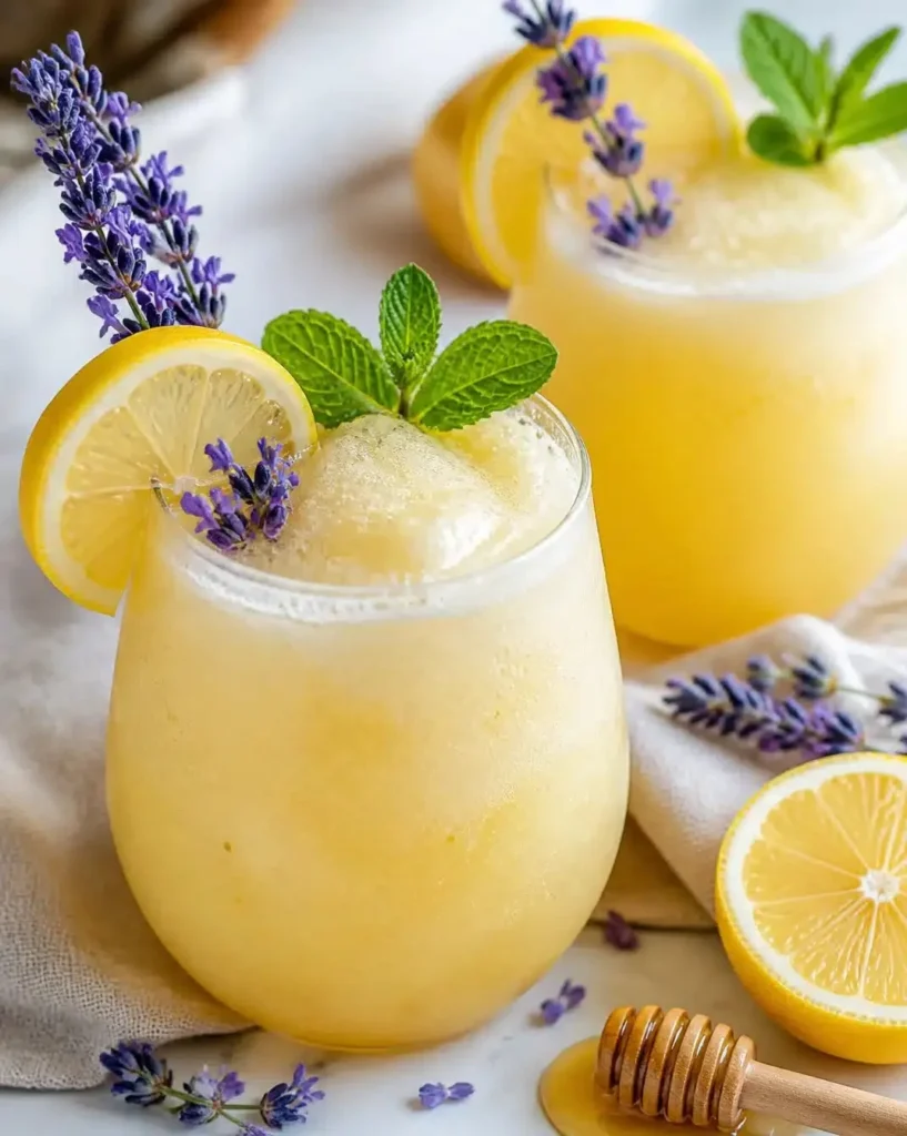 Honey-Lavender Lemonade Slush in a glass with lavender garnish