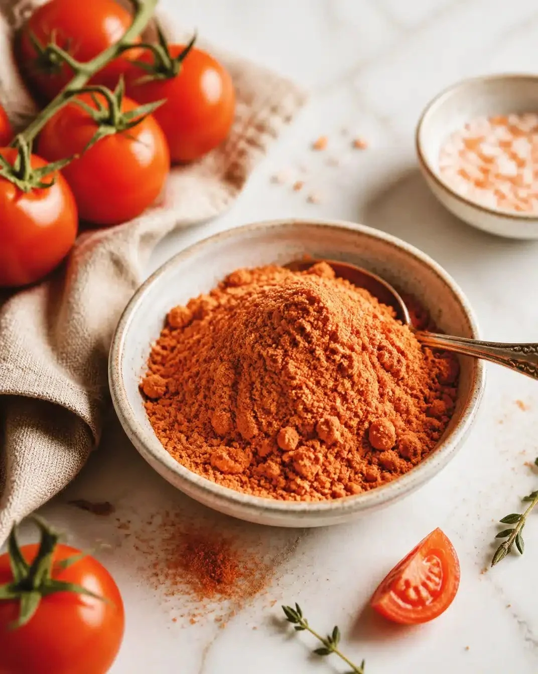 How to Make Tomato Powder at Home 1 Homemade tomato powder in a glass jar with fresh tomatoes.