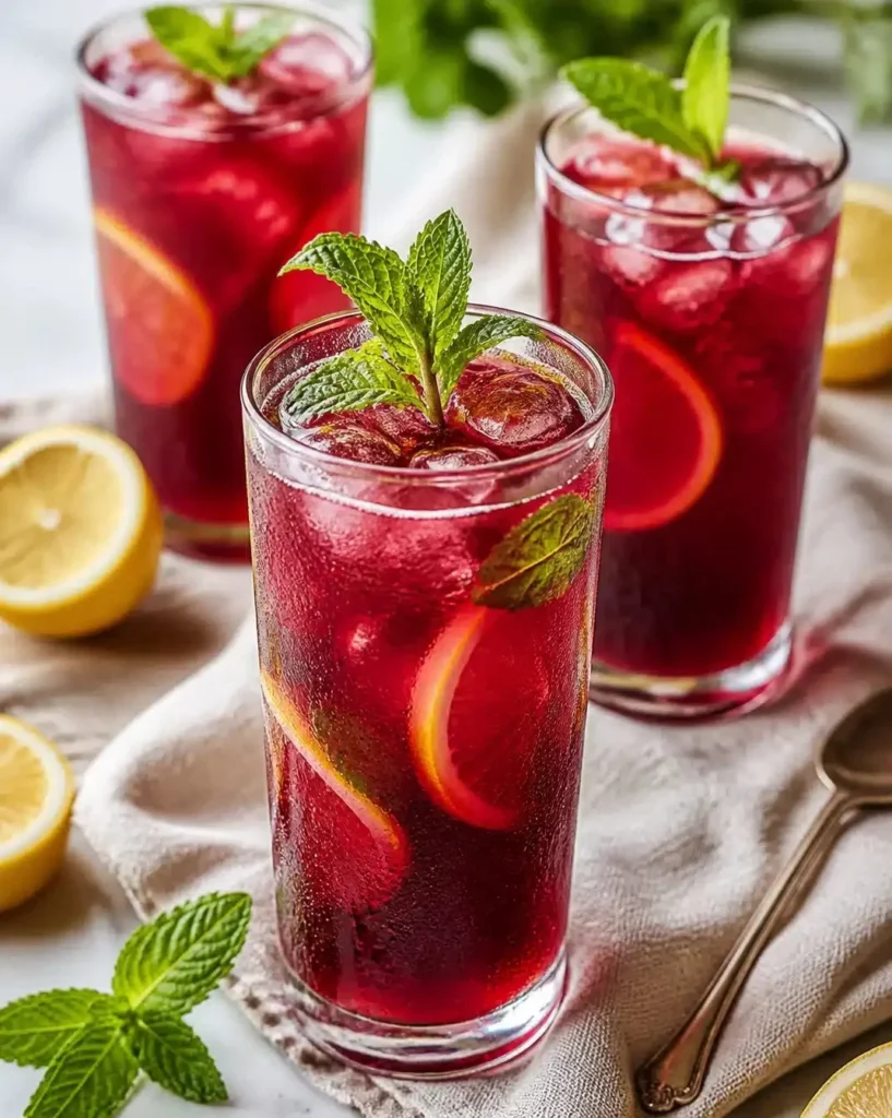 A refreshing glass of iced hibiscus tea garnished with mint leaves and lemon slices.