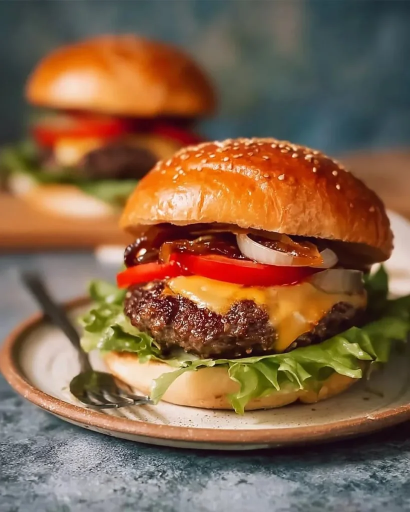 Delicious and juicy hamburgers on a grill, ready to serve