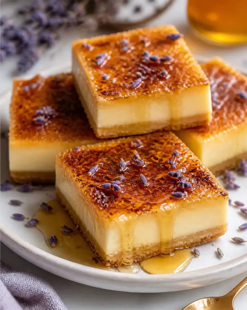 Lavender Honey Creme Brulee Bars with caramelized sugar topping