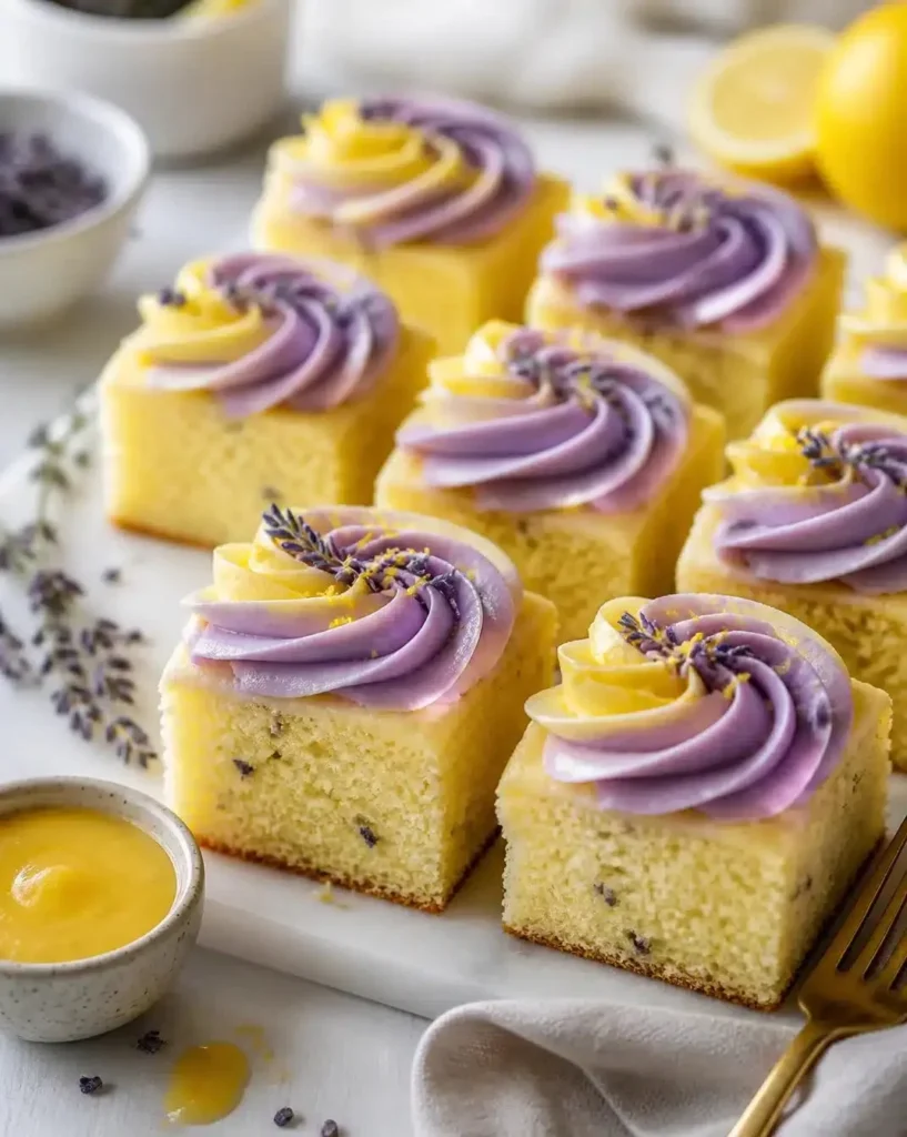 Lemon Curd Lavender Sheet Cake topped with fresh lavender and lemon slices
