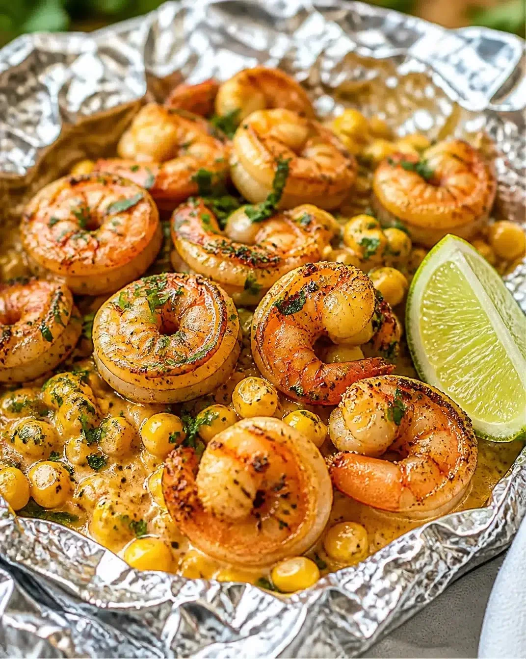 Lemon Garlic Shrimp with Street Corn Foil Packets 1 Lemon garlic shrimp served with street corn in foil packets