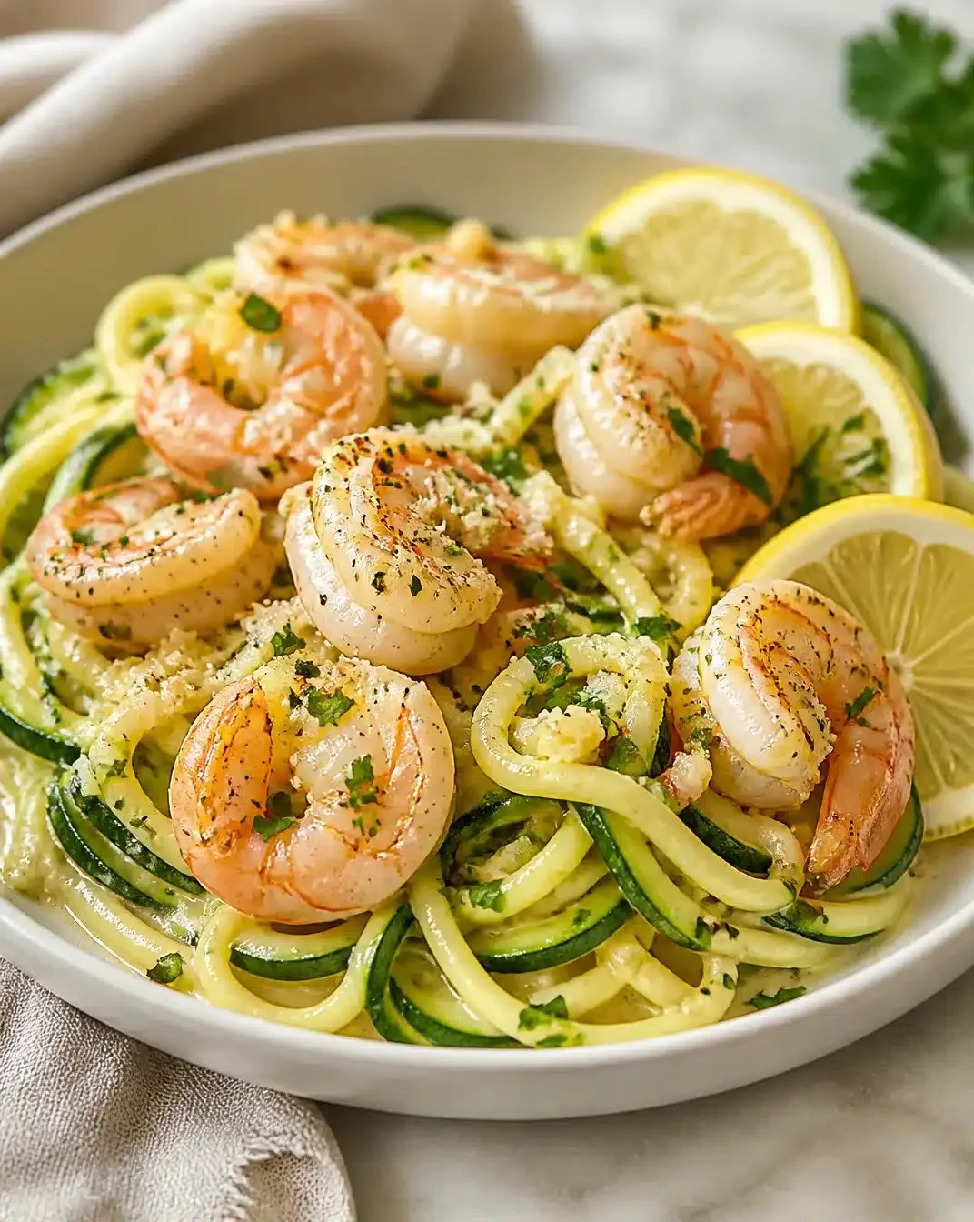 Lemon-Garlic Shrimp with Zucchini Noodles 1 Lemon-Garlic Shrimp served with Zucchini Noodles in a bowl