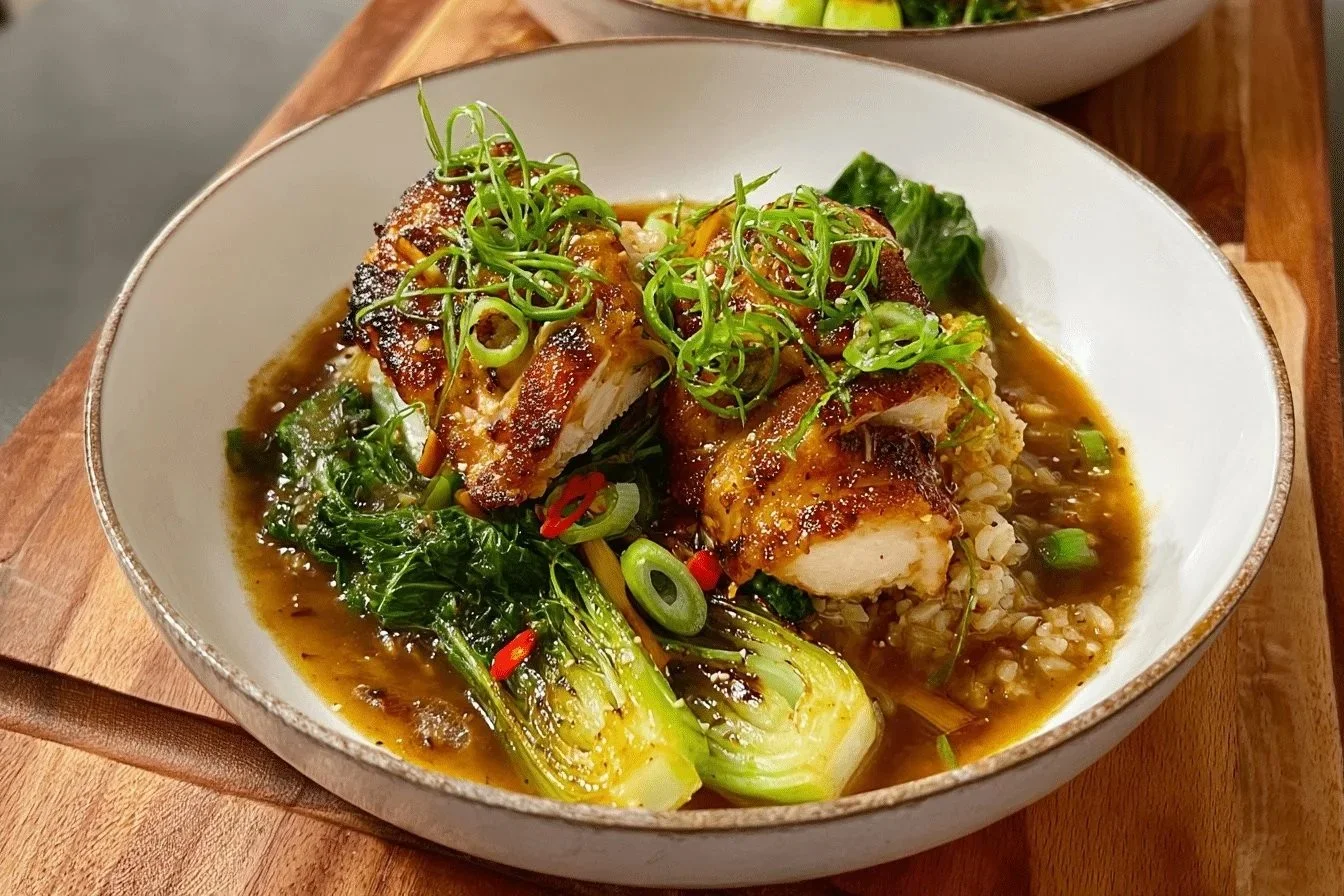 Bowl of Miso-Ginger Chicken in a spicy broth garnished with herbs