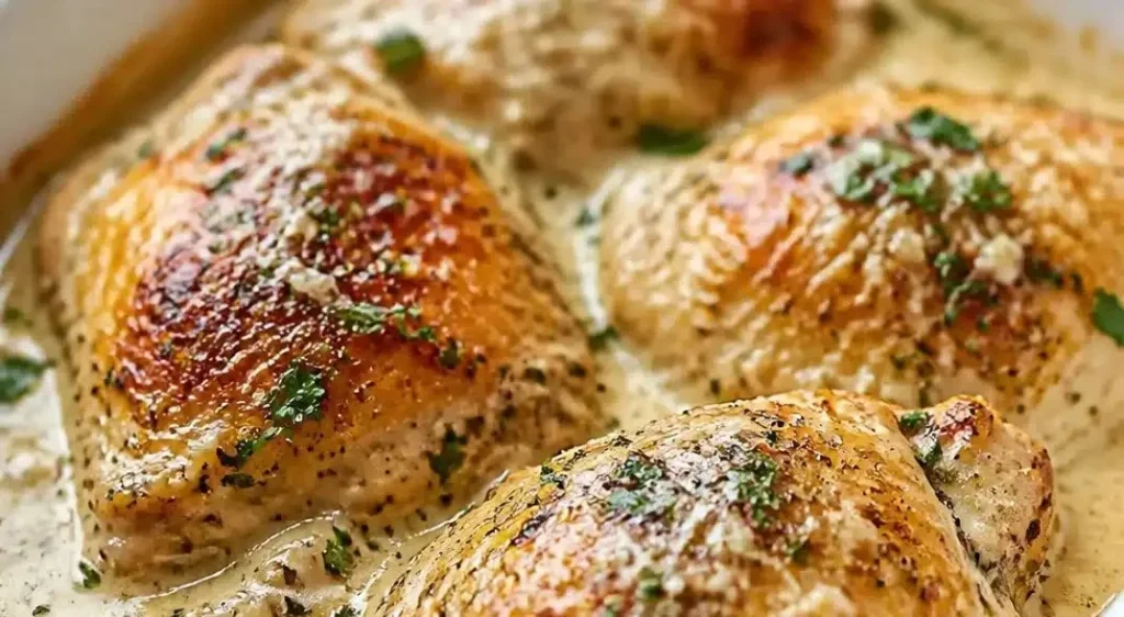 Oven-baked chicken thighs smothered in creamy sauce, garnished and ready to serve.