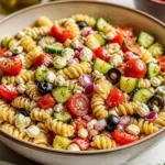 Colorful bowl of mixed pasta salad with vegetables and dressing