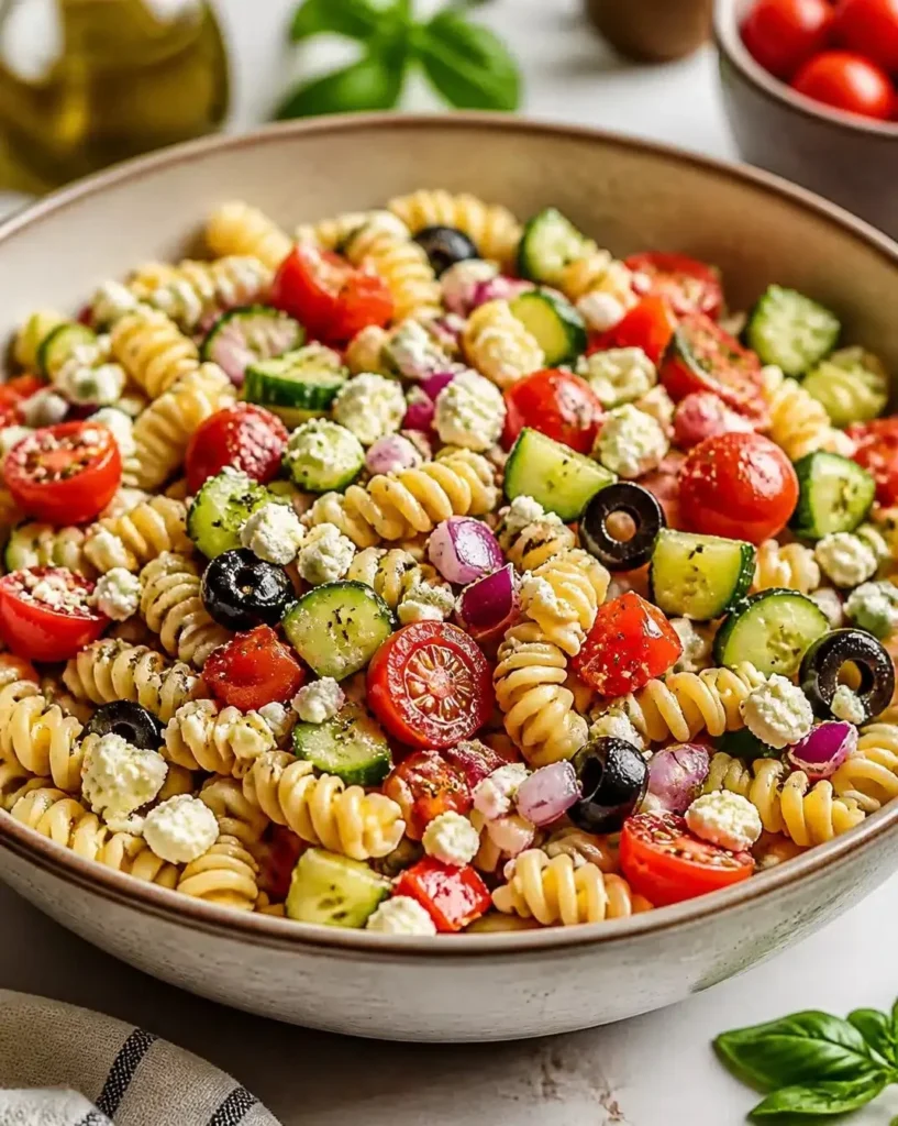 Colorful bowl of mixed pasta salad with vegetables and dressing