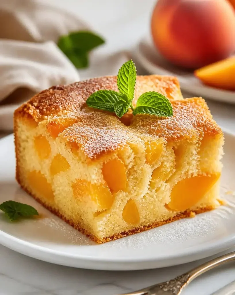 Peach Cottage Cheese Cake topped with fresh peach slices and creamy filling