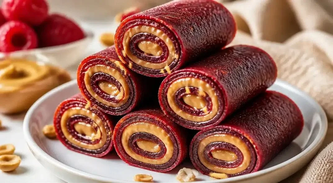Peanut Butter Roll-Ups with Fruit Leather 1 Peanut Butter Roll-Ups with Fruit Leather on a plate, a nutritious snack option.