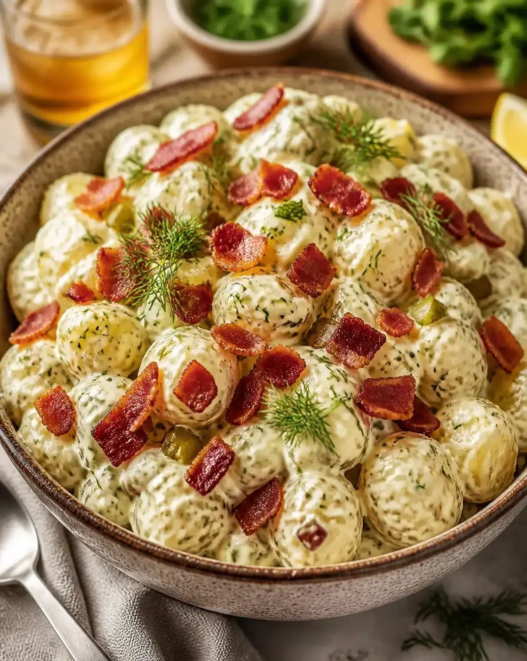 Potato Salad with Dill Pickles 1 Delicious potato salad with dill pickles served in a bowl