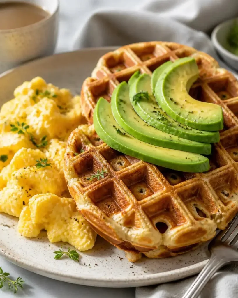 Delicious protein-packed savory waffles stacked on a plate.