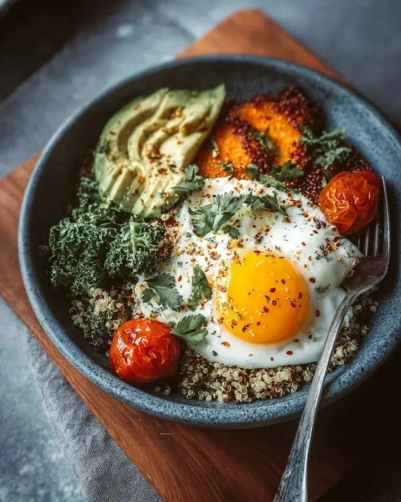 Quinoa morning bowl topped with savory ingredients for a healthy breakfast.