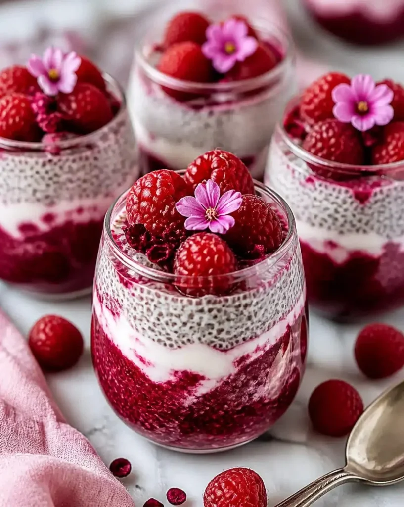 Delicious Raspberry Hibiscus Chia Pudding in a glass topped with fresh raspberries.