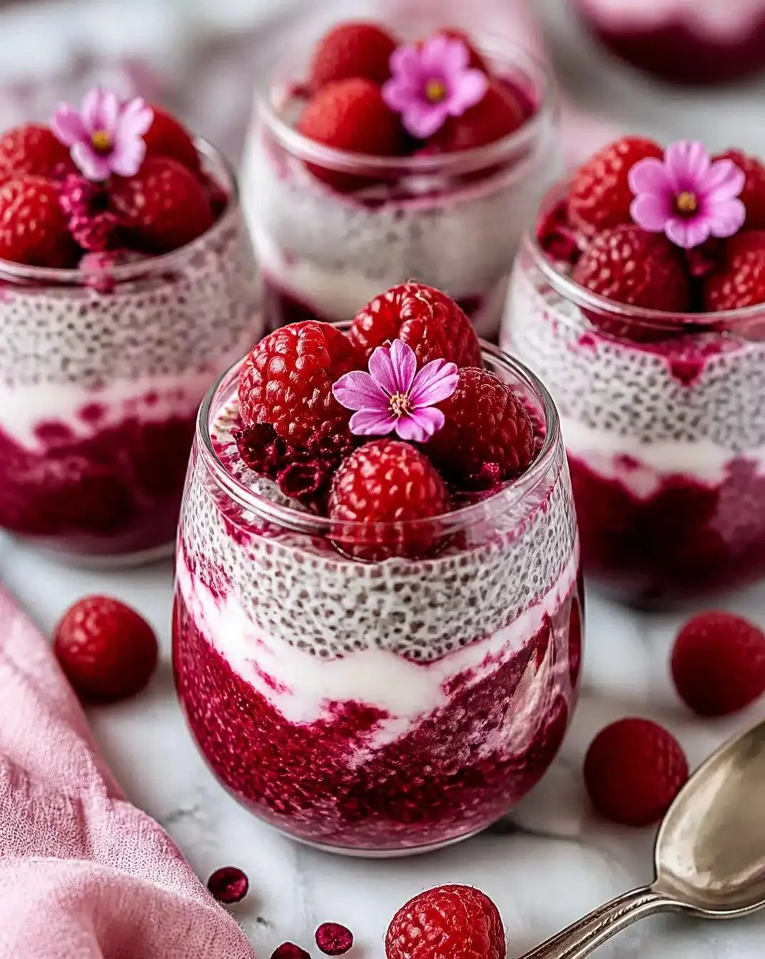 Raspberry Hibiscus Chia Pudding 1 Delicious Raspberry Hibiscus Chia Pudding in a glass topped with fresh raspberries.