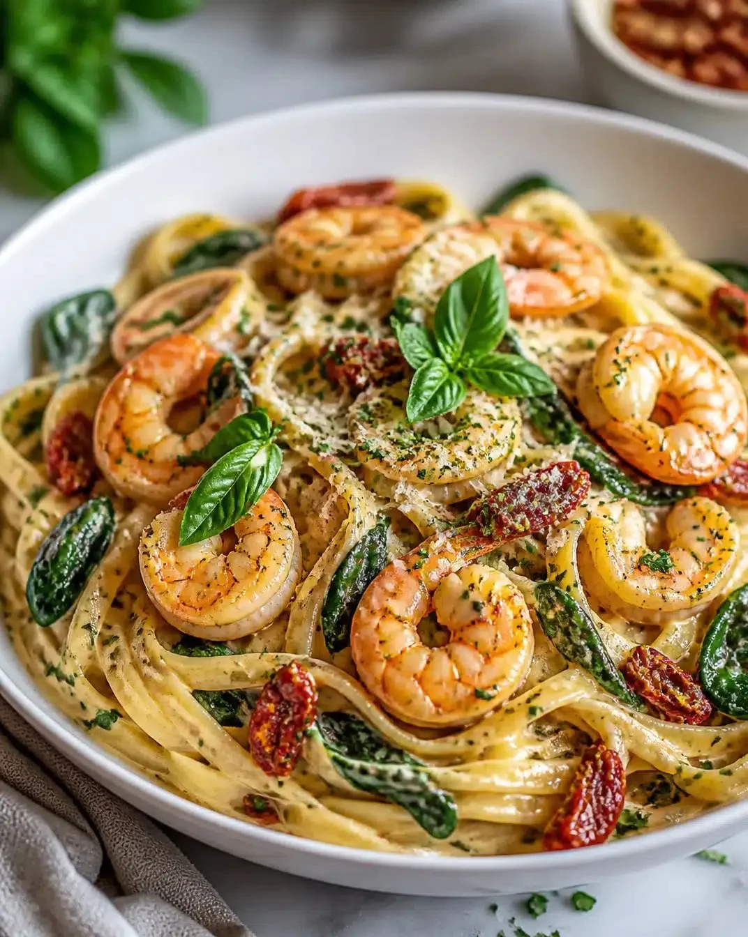 Romantic Shrimp Pasta for Two 1 Romantic shrimp pasta dish served for two with fresh ingredients.