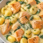 Plate of silky salmon gnocchi served in a creamy sauce