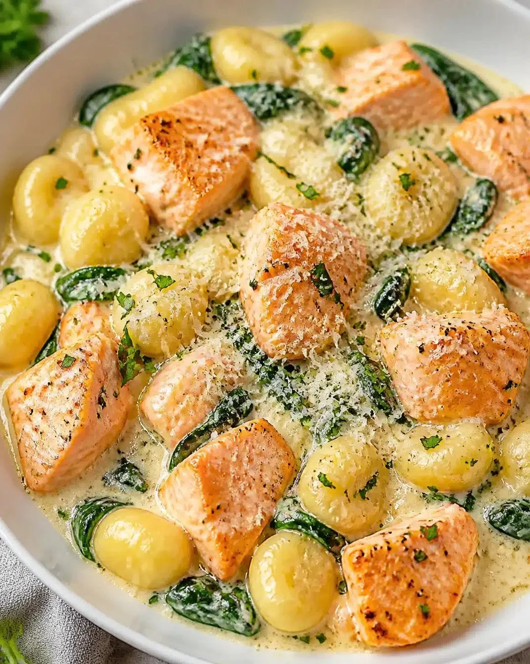 Plate of silky salmon gnocchi served in a creamy sauce