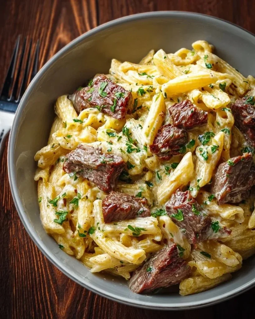 Silky Steak Pasta topped with tender steak pieces and creamy sauce