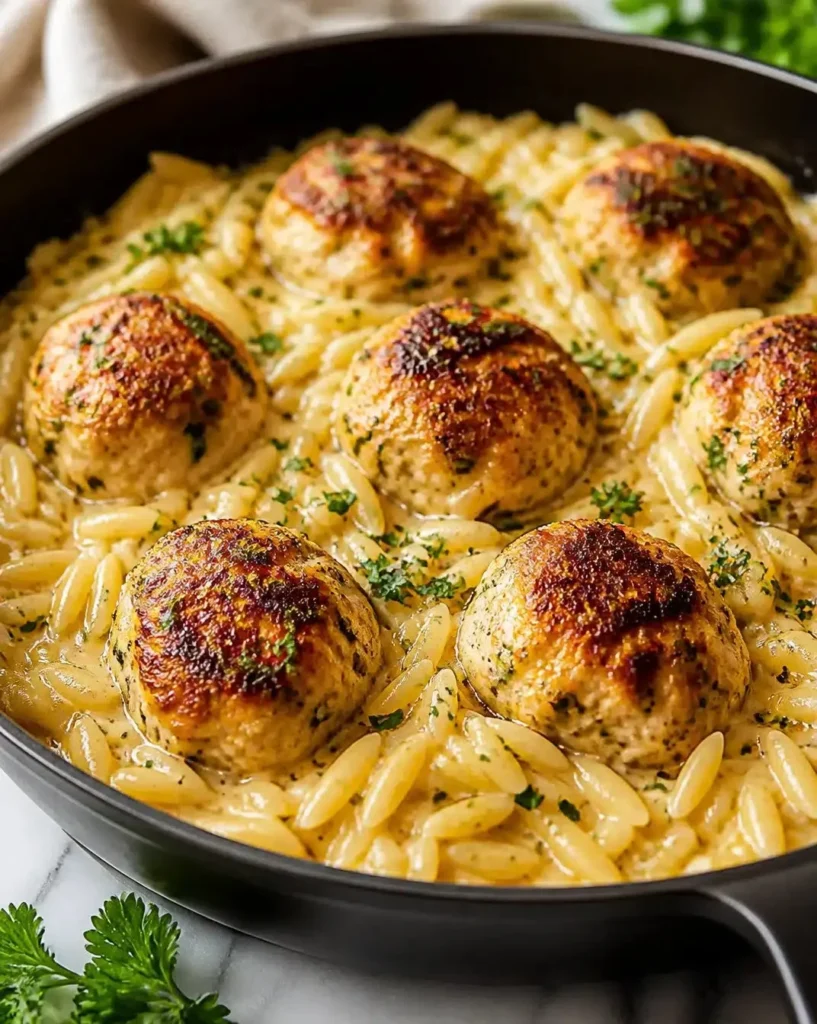 Skillet Chicken Meatballs served with orzo pasta in a vibrant skillet dish