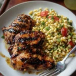 Spicy honey-grilled chicken served alongside a vibrant corn salad