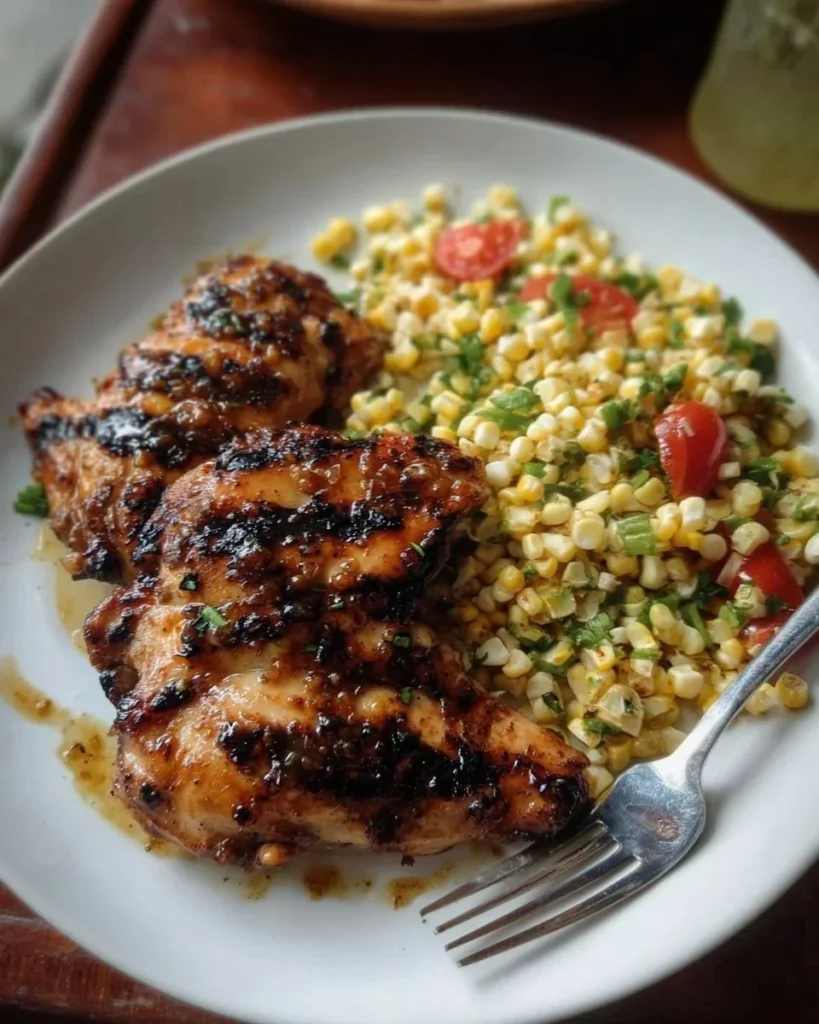 Spicy honey-grilled chicken served alongside a vibrant corn salad