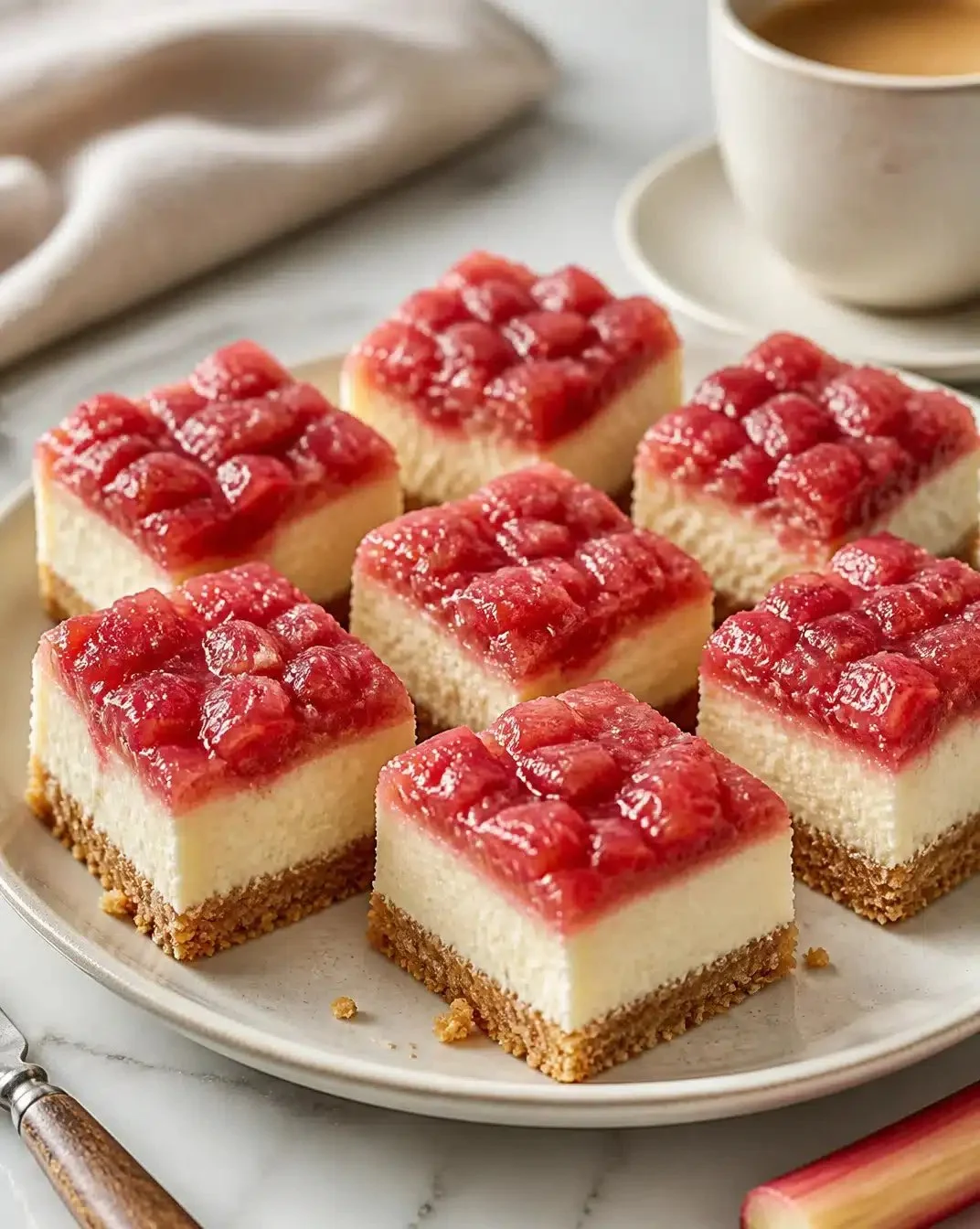Sweet and Savory Rhubarb Cheesecake Bars with Ham and Crackers 1 Delicious rhubarb cheesecake bars served with ham and crackers