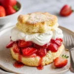 Classic strawberry shortcake with fresh strawberries and whipped cream on top.