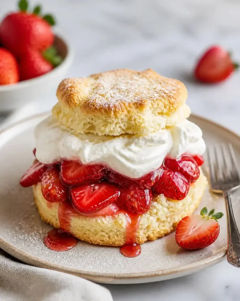 Classic strawberry shortcake with fresh strawberries and whipped cream on top.