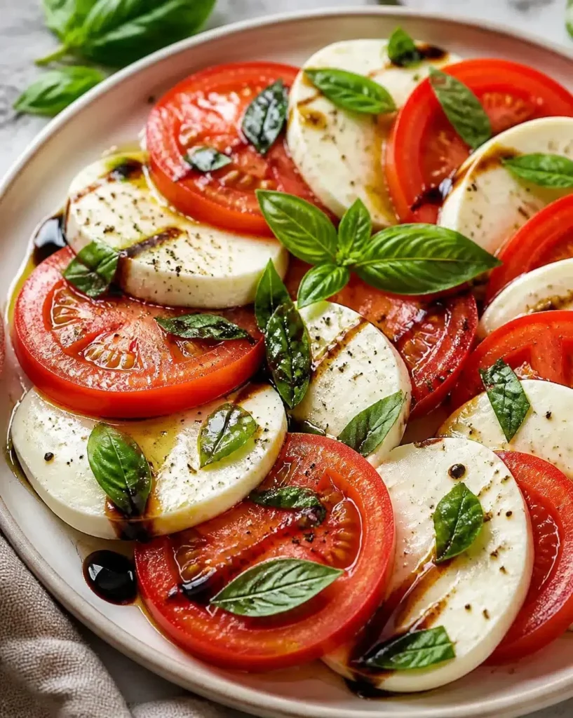 Fresh Tomato Mozzarella Salad with basil on a white plate.