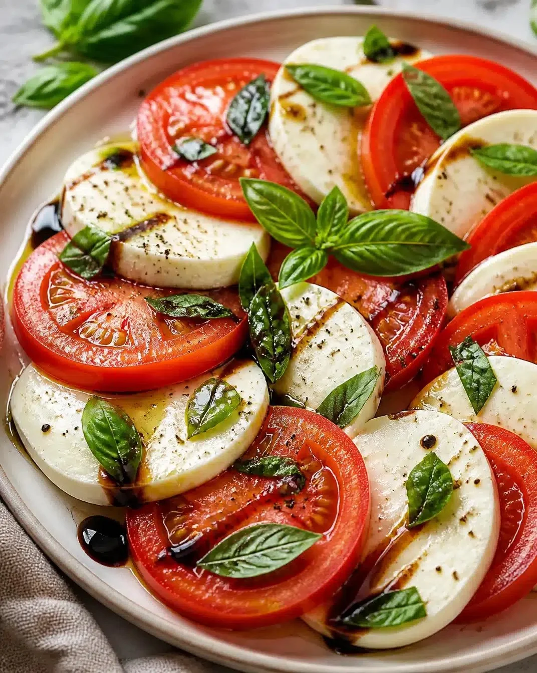Timeless Tomato, Mozzarella, and Basil Salad 1 Fresh Tomato Mozzarella Salad with basil on a white plate.