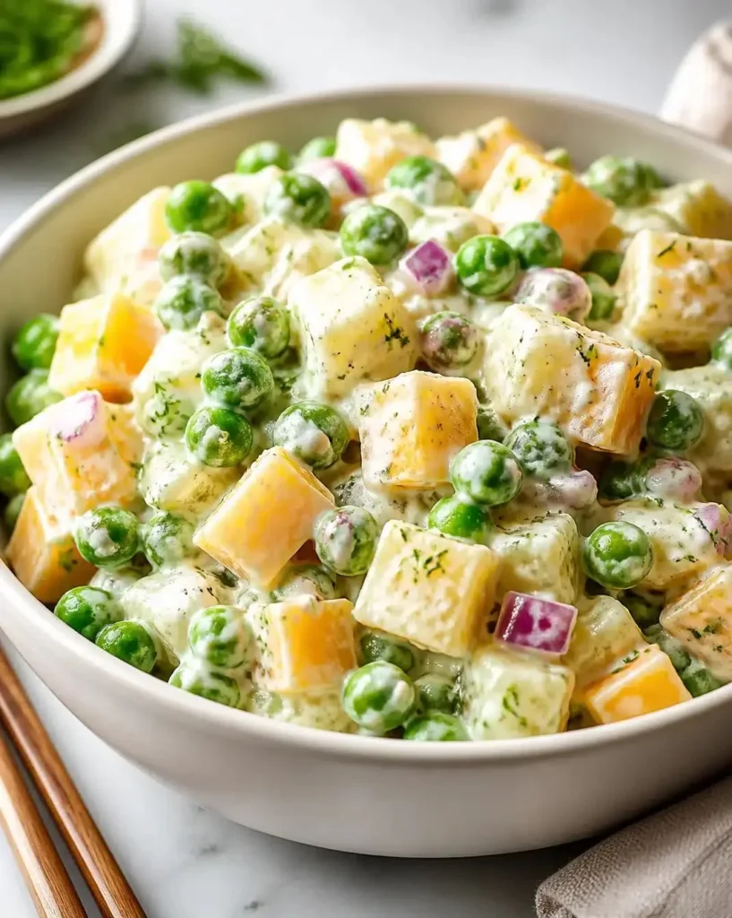 Bowl of traditional pea and cheese salad with fresh ingredients