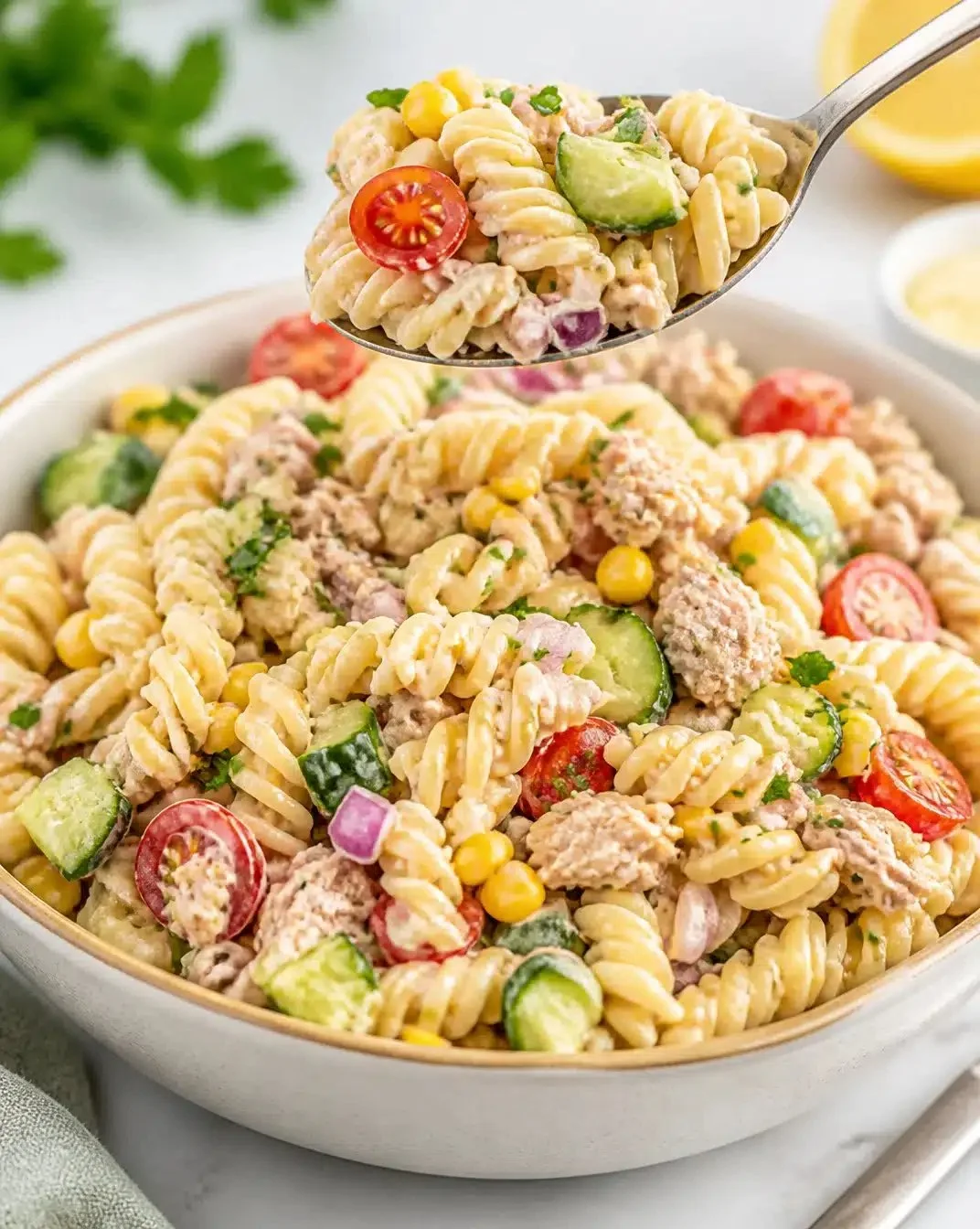 Tuna and Pasta Salad 1 Bowl of Tuna Pasta Salad with vegetables and dressing