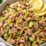 Tuna-Lentil Orzo Salad with Lemon Zest in a colorful bowl