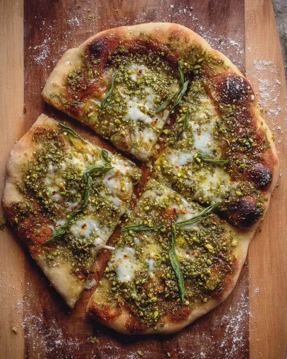Freshly baked verdant pistachio pesto pie with vibrant green topping.