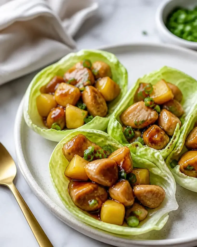 Whiskey-glazed chicken lettuce wraps garnished with fresh vegetables