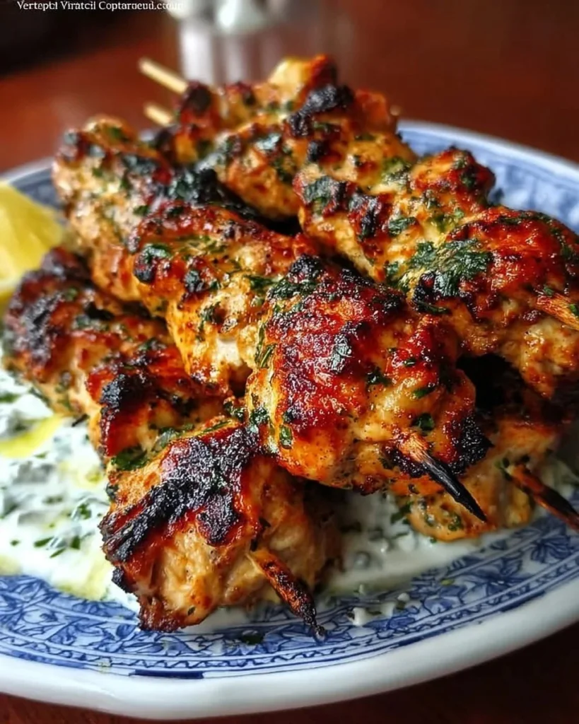 Yogurt-marinated chicken kebabs on the grill, juicy and flavorful
